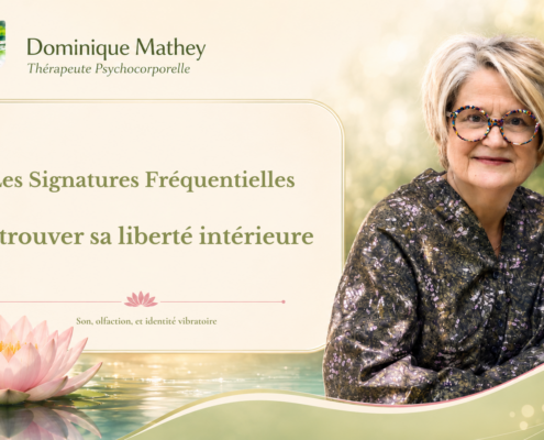 « Dominique Mathey, thérapeute psychocorporelle, présente les Signatures Fréquentielles dans un décor naturel avec un lotus, autour du thème : retrouver sa liberté intérieure. »