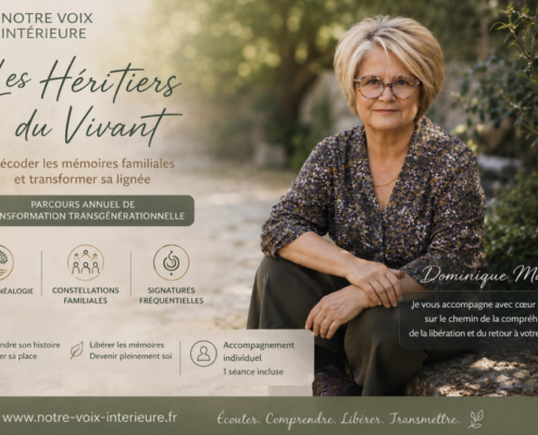 « Dominique Mathey présente Les Héritiers du Vivant, un parcours associant psychogénéalogie, constellations familiales et Signatures Fréquentielles. »