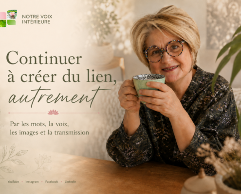 Dominique Mathey tenant une tasse, dans une ambiance douce et chaleureuse, avec le message « Continuer à créer du lien, autrement ».