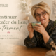 Dominique Mathey tenant une tasse, dans une ambiance douce et chaleureuse, avec le message « Continuer à créer du lien, autrement ».